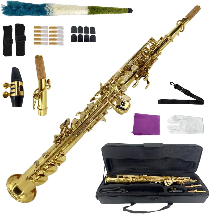 Straight Soprano Saxophone Bb B Flat Sax with Case, Mouthpiece,Reeds & Accessories Brass Woodwind Instrument for Beginners,Adults & Advanced Players