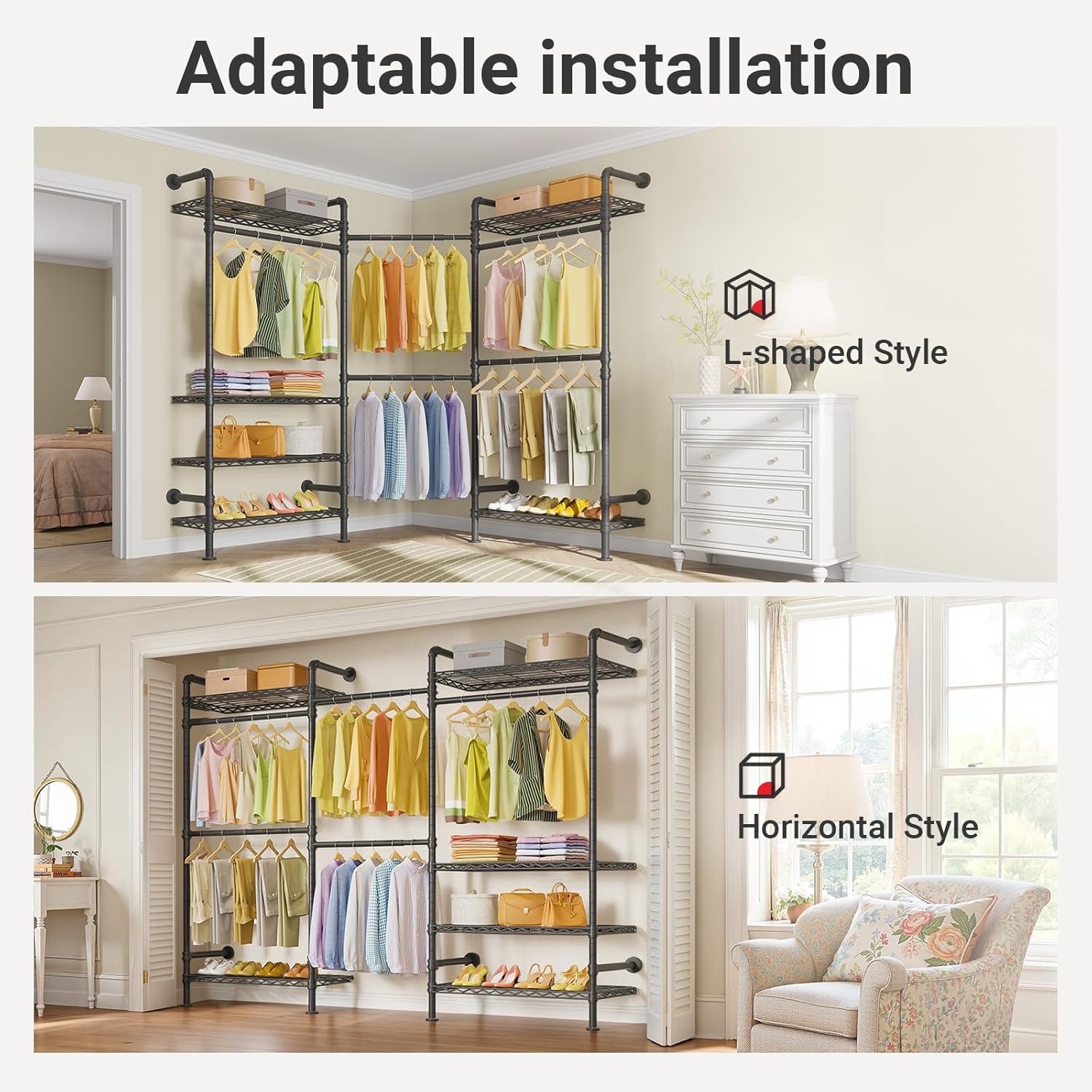 Timate L3 L Shape Garment Rack Heavy Duty Clothes Rack for Hanging Clothes, Expandable Industrial Pipe Wall Mounted Clothing Rack, Adjustable Corner Closet Wardrobe Closet Kit Closet Systems, Black