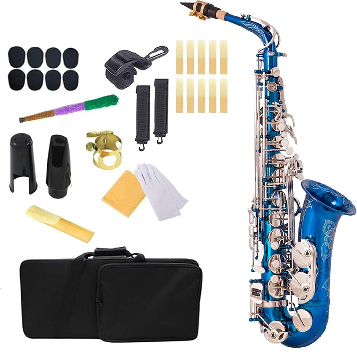 Saxophone Set High-Grade Blue Silver EB Alto Saxophone Brass Lacquered E Flat Sax 802 Key Type Woodwind Instrument Student Saxophone
