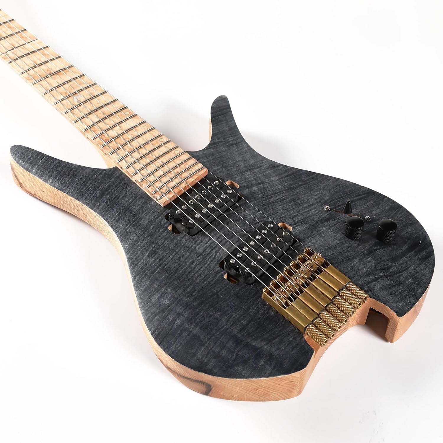 Headless Electric Guitar 7 String Fanned Fret Headless Electric Travel Guitar Ash Wood with Flame Maple Veneer