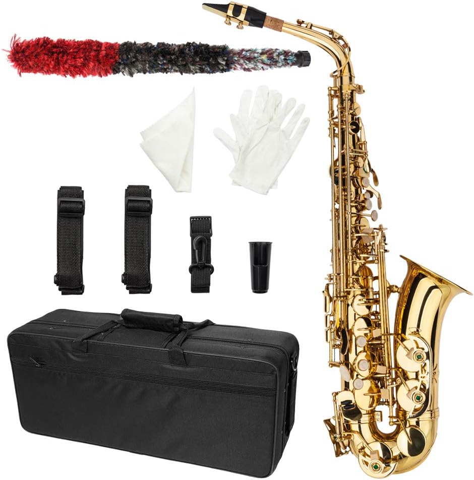 Alto Eb E-flat Saxophone Gold Lacquer SAX Beginners Kit with Case, Mouthpieces,Gloves,Aglet,Cleaning Cloth,Reed (Style 1)