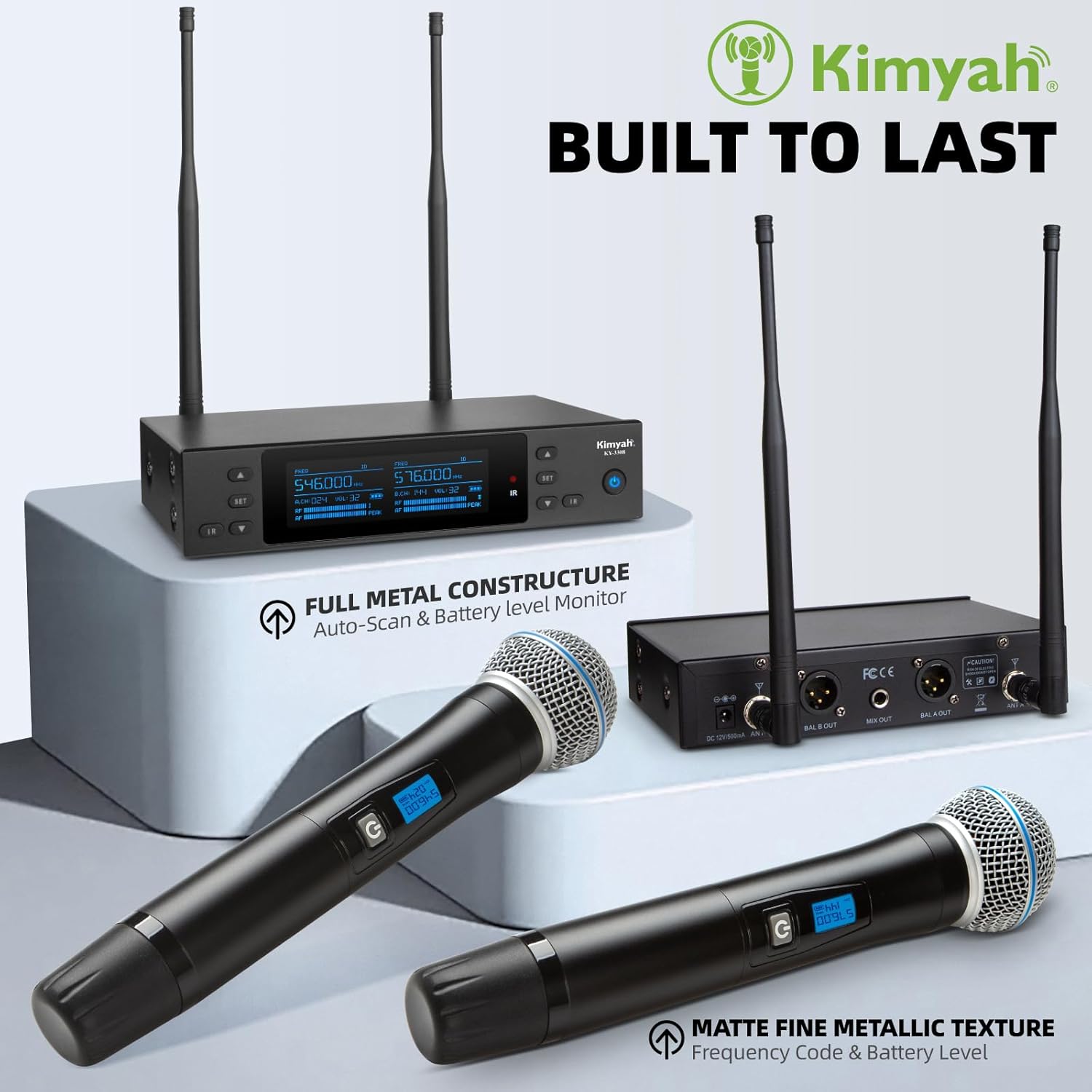 Kimyah Wireless Microphones System, 2x100 Channels Metal Cordless Handheld Microfonos, 328FT UHF Range, Mics with Stable Signal Transmission for Professional Stage, DJ and Party Karaoke(KY-3308)