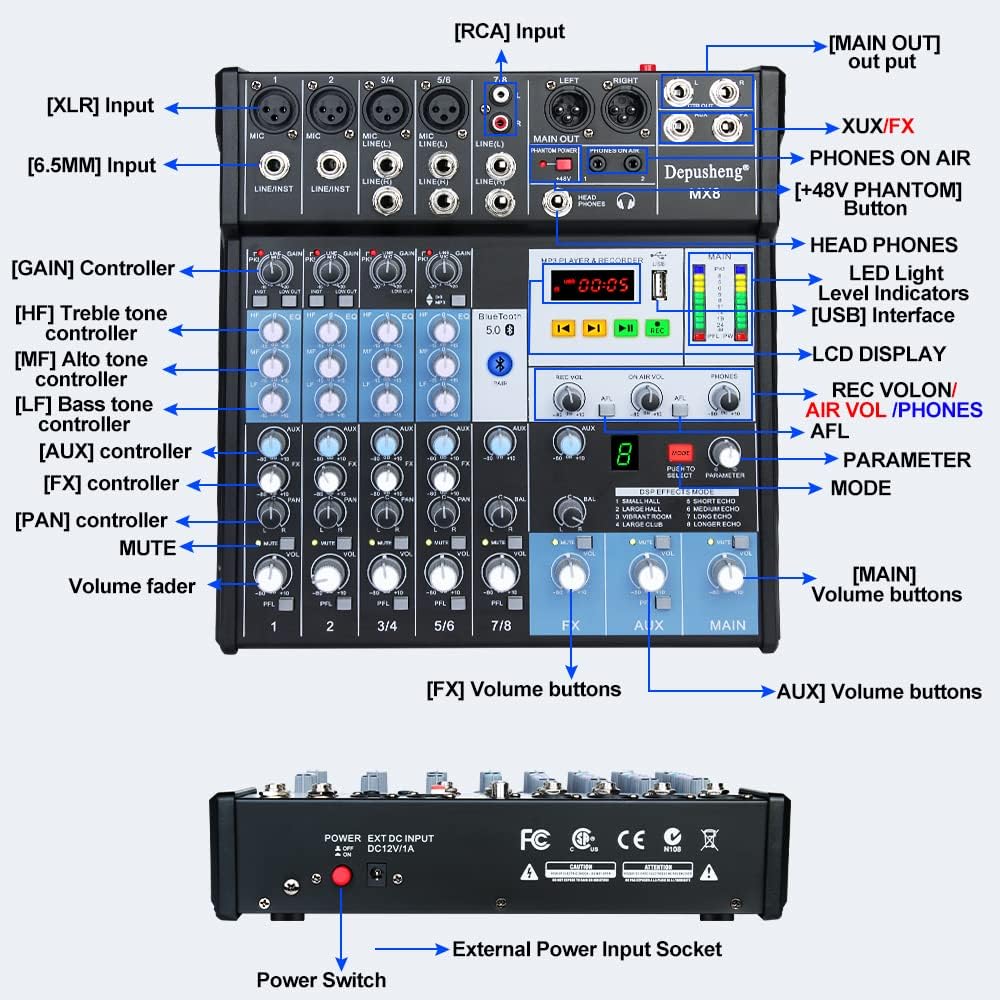 Professional Audio Mixer Sound Board Console 8-Channel DJ Controller Sound Mixer w/ 8-DSP EFFECT, USB Recording Interface, Bluetooth, 48V Phantom Power, Ideal For Live Streaming Depusheng MX8