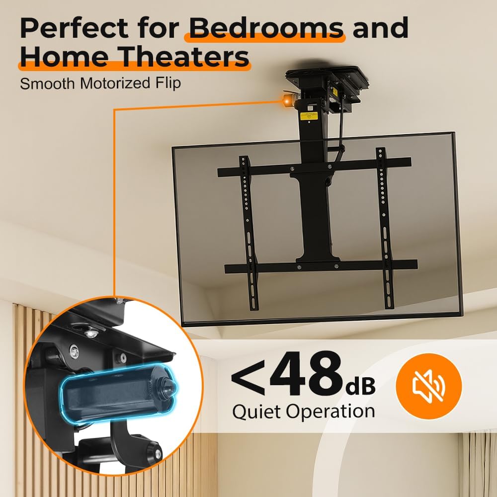 OUTFINE Electric Flip Down and Swiveling Ceiling TV Mount for 32–75 Inch Flat or Curved Screens, Motorized Fold Down Lift with Remote Control, 360°Manual Swivel and 0–80°Electric Tilt
