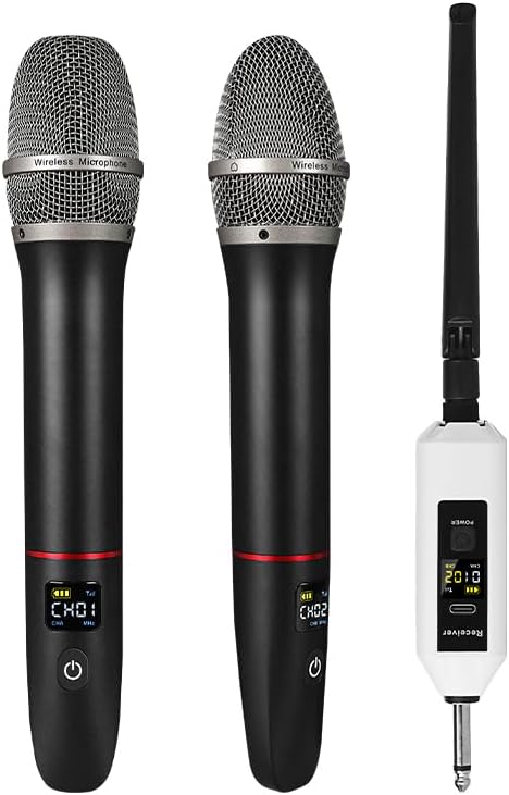Wireless Microphones,Metal Microphone with Dual Professional UHF Cordless Dynamic System,Rechargeable Microphone Receiver for Karaoke Singing, Wedding,Party, DJ, Speech, Church, Class Use,260ft