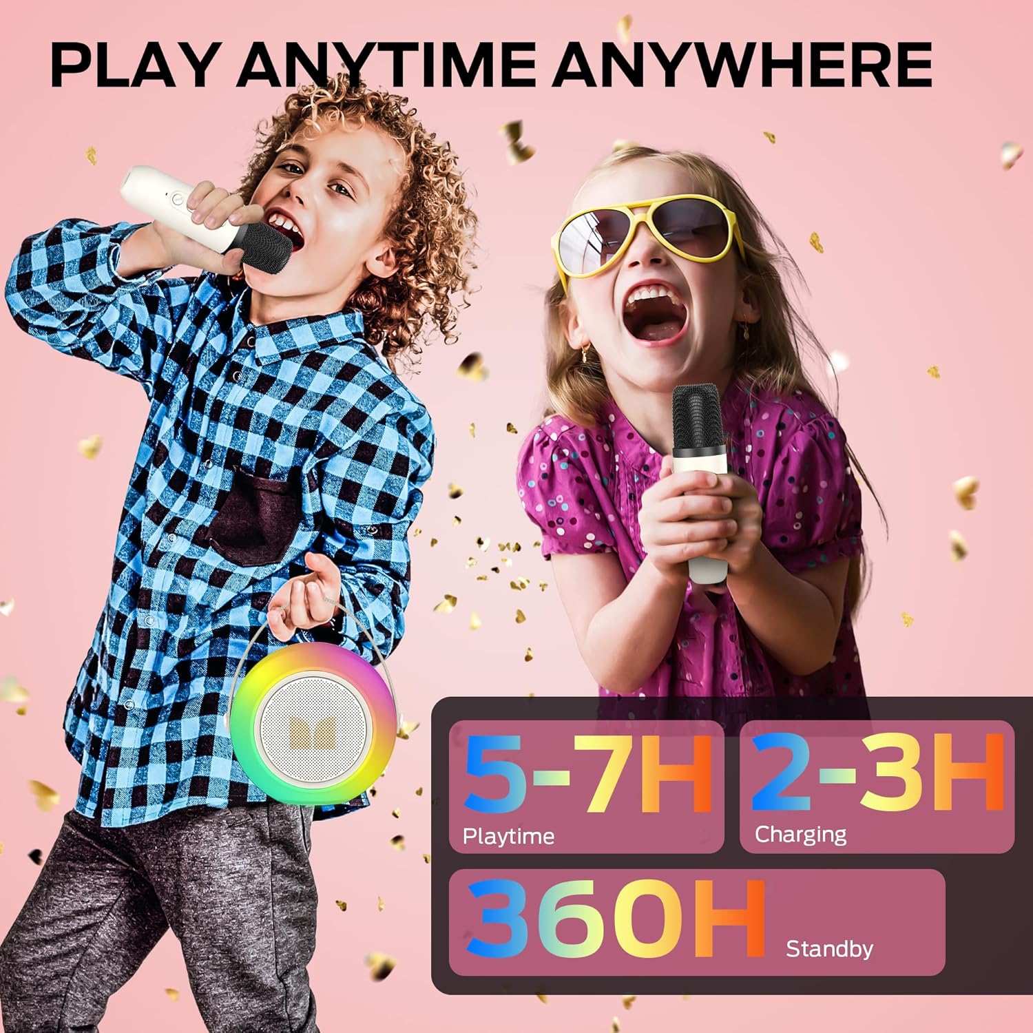 Monster Mini Karaoke Machine for Kids Adults, Portable Bluetooth Speakers with 2 Wireless Microphones and Lights, Christmas Birthday Gifts Toys for Girls Boys 4, 5, 6, 7, 8, 9, 10, 12+ Toddler