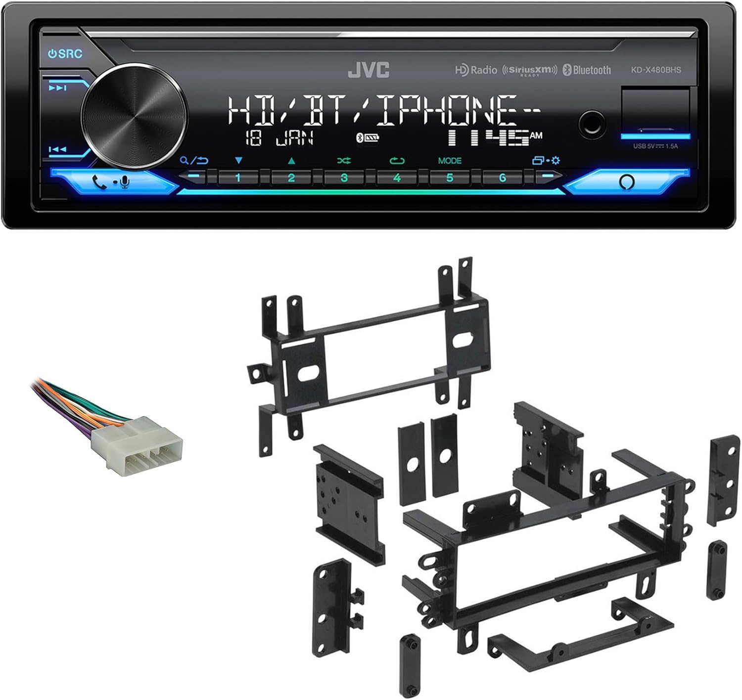 Audiosavings Bundle: JVC KD-X480BHS 1-Din Car Stereo Receiver w/Bluetooth/USB/XM Ready Bundle with Metra 70-1002 in_Dash Radio Wire Harness + Metra 99-5700 in-Dash Radio Mounting Mulit-Kit (3 Items)