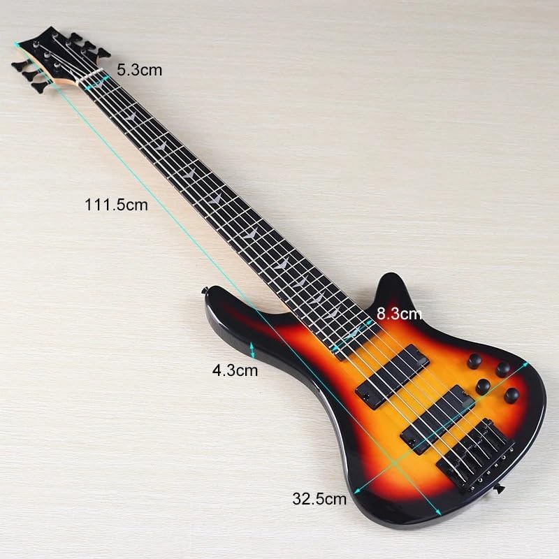 6-String Electric Bass Guitar, 43-Inch Full Size, Sunburst High Gloss Finish, Solid Basswood Body, Canada Maple Neck