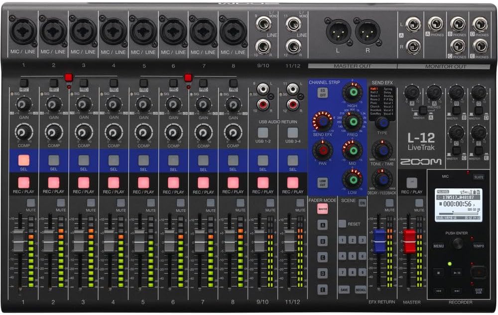 Zoom LiveTrak L-12 Digital Mixer & Multitrack Recorder, for Music, Podcasting, 12-Input/ 14-Channel SD Recorder, 14-in/4-out USB Audio Interface, 5 Powered Headphone Outputs Bundle With Accessories