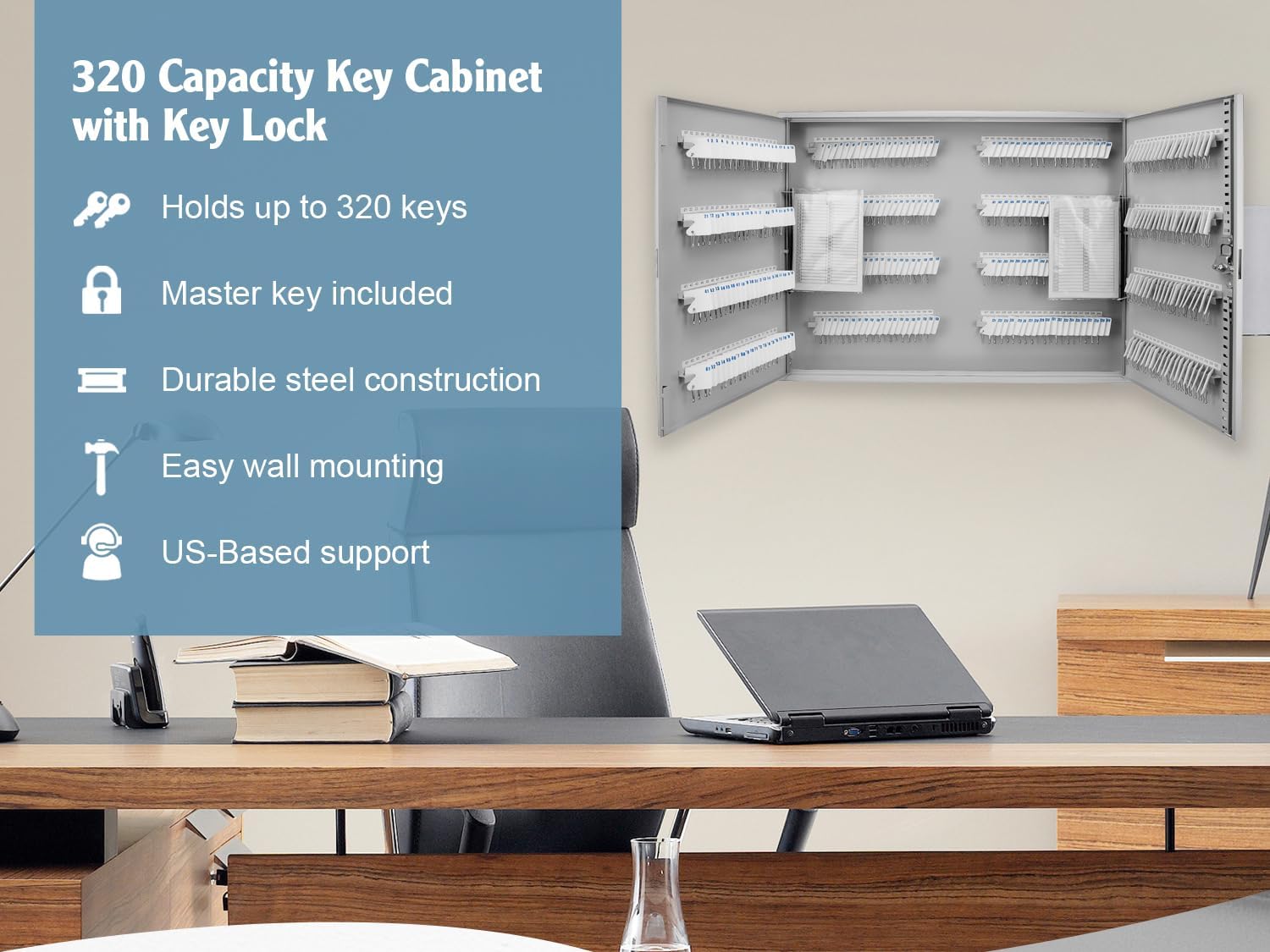 Barska 320-Position Key Cabinet – Steel Key Lock Box with Numbered Hooks, Key Log Sheet, White Tags & Index Chart – Wall-Mount Organizer, Gray Finish