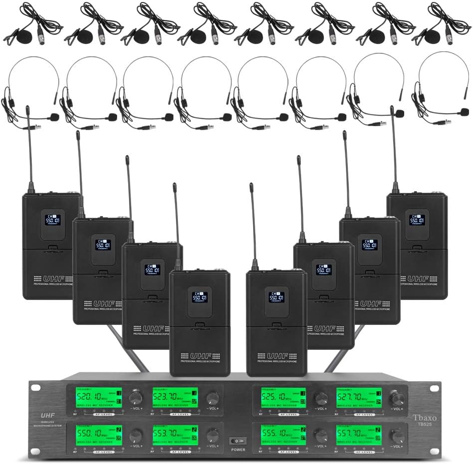 Wireless Microphone System UHF 8 Channel 8 Lavalier Bodypacks 8 Lapel Mic 8 Headsets for Karaoke System Church Speaking Conference Wedding Party 3 Year Warranty