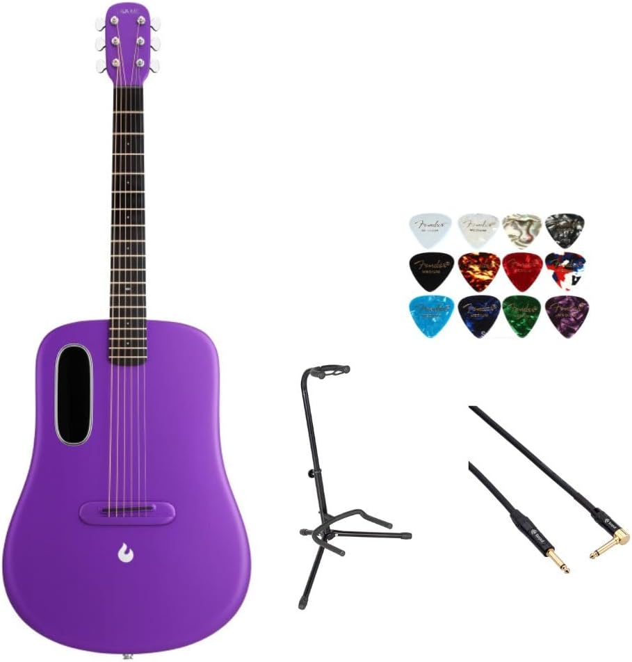 LAVA ME 4 Acoustic Electric Guitars Carbon Fiber Purple Bundle with Rok-It Tripod Guitar Stand, Kopul Premium Performance 3000 Series Instrument Cable, Classic Celluloid Guitar Picks 12-Pack