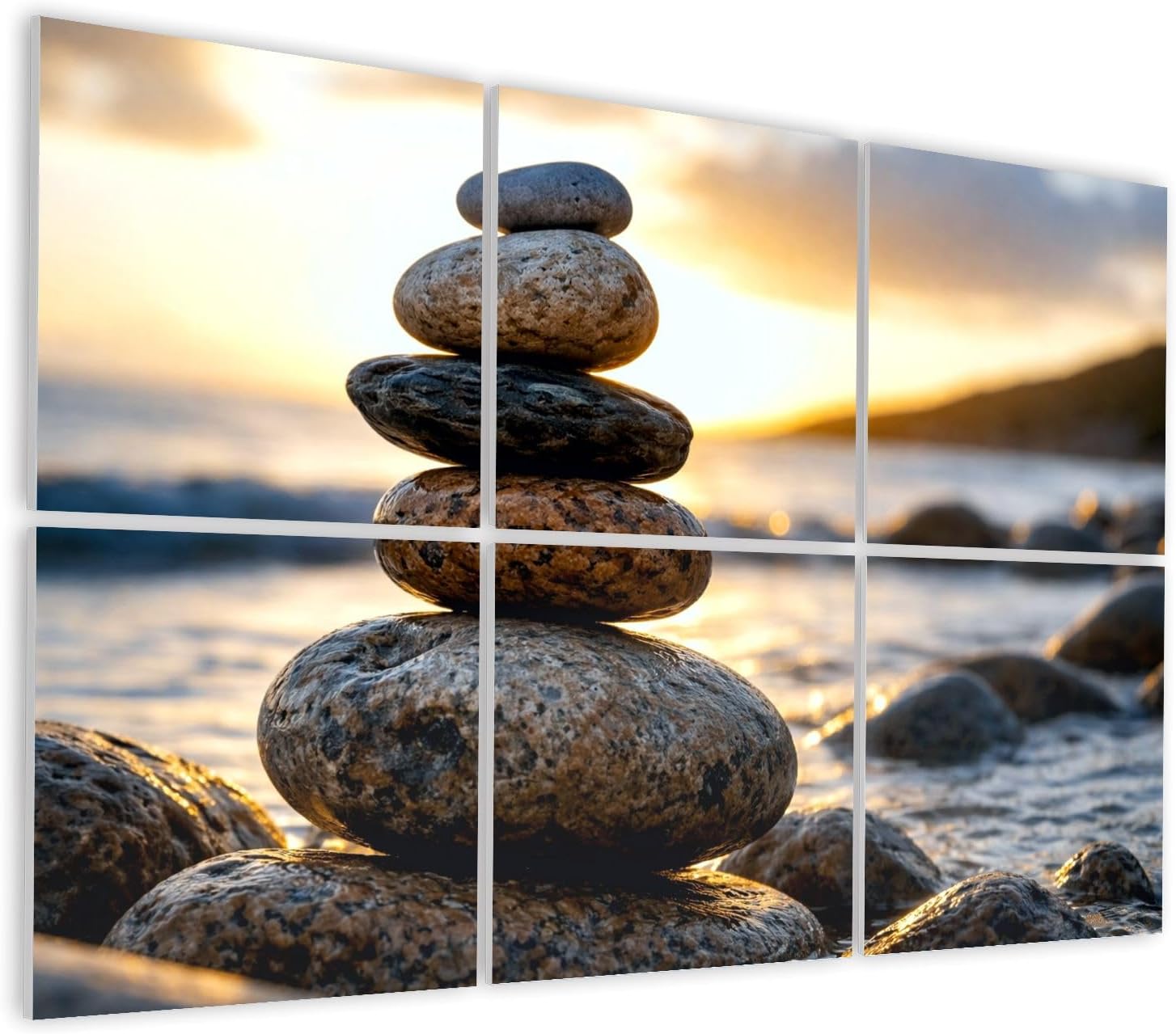 6 Pack Art Acoustic Panels Self Adhesive Stacked Stones Beach Golden Sunset Calm Ocean Natural Zen Balance Decorative Soundproof Wall Panels Sound Absorbing Panel 48