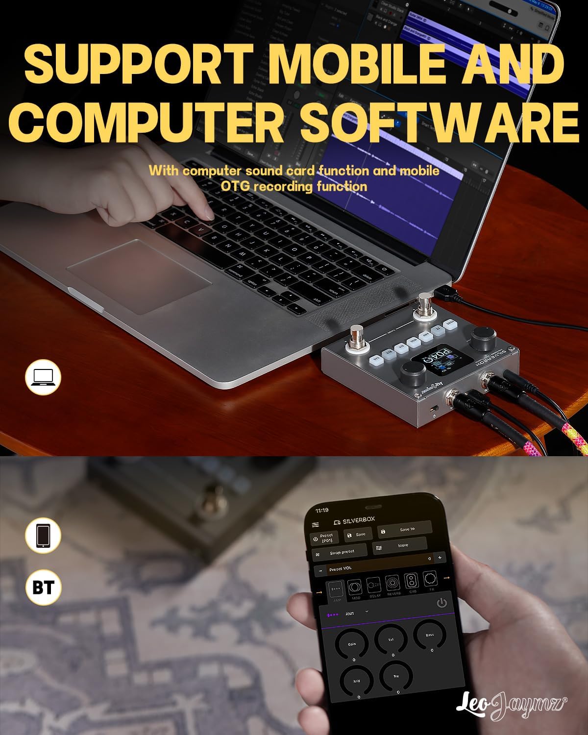 Leo Jaymz Portable Multi-Effects Guitar/Bass Amplifier Modeler Effects Processor with 6 Effects Modules, 80 Editable Presets & Rechargeable Battery