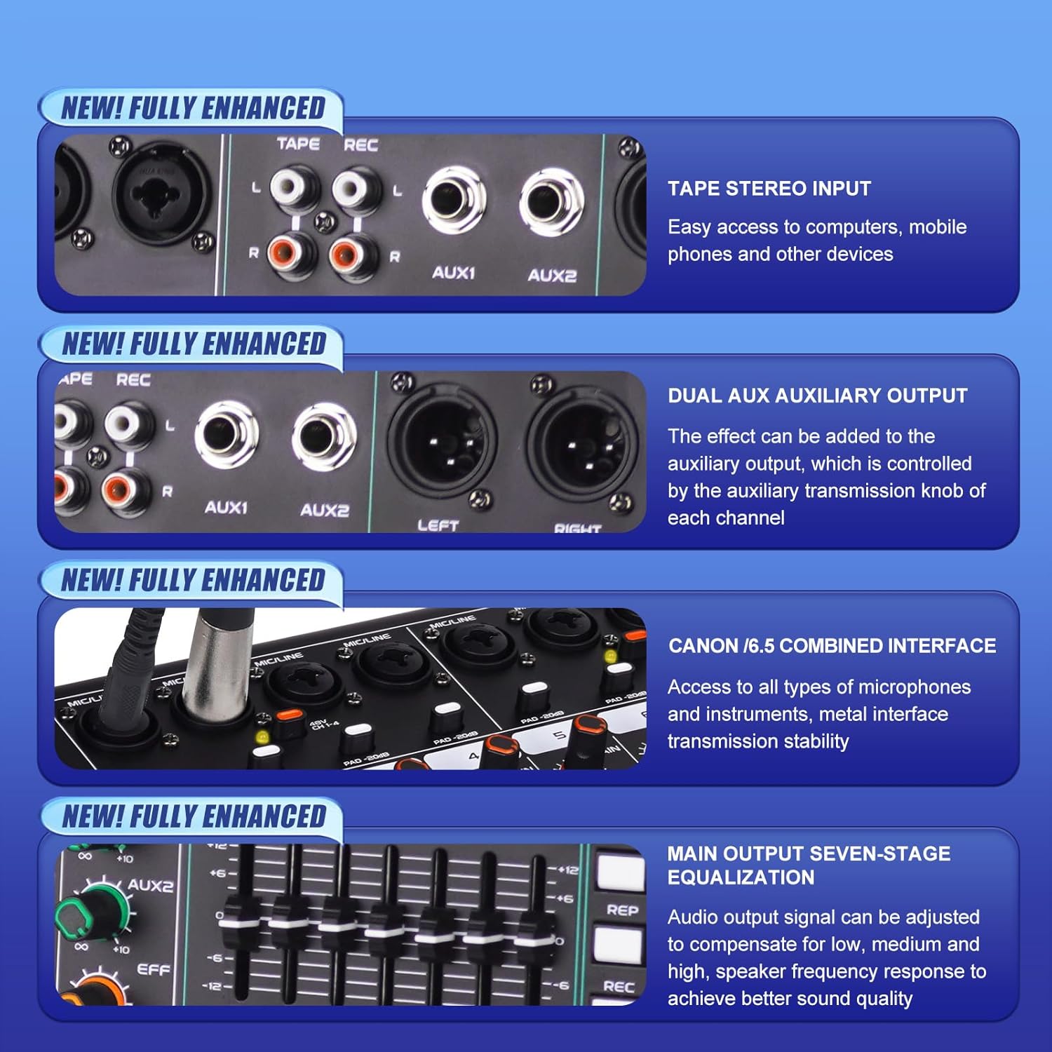 GF12 Multifunction 12 Channel Audio Mixer Stage Performance Mixer Isolated Independent Mute Built-in 7 Level Equalizer and 99 Reverb DJ Mixer for Stage Performance/Karaoke/DJ Music