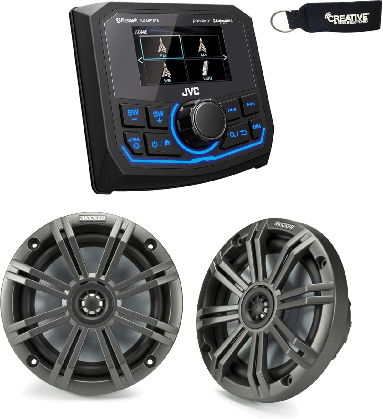 JVC KD-MR1BTS Bluetooth Marine Receiver w/A Pair of Kicker Marine OEM Replacement Speakers - Charcoal