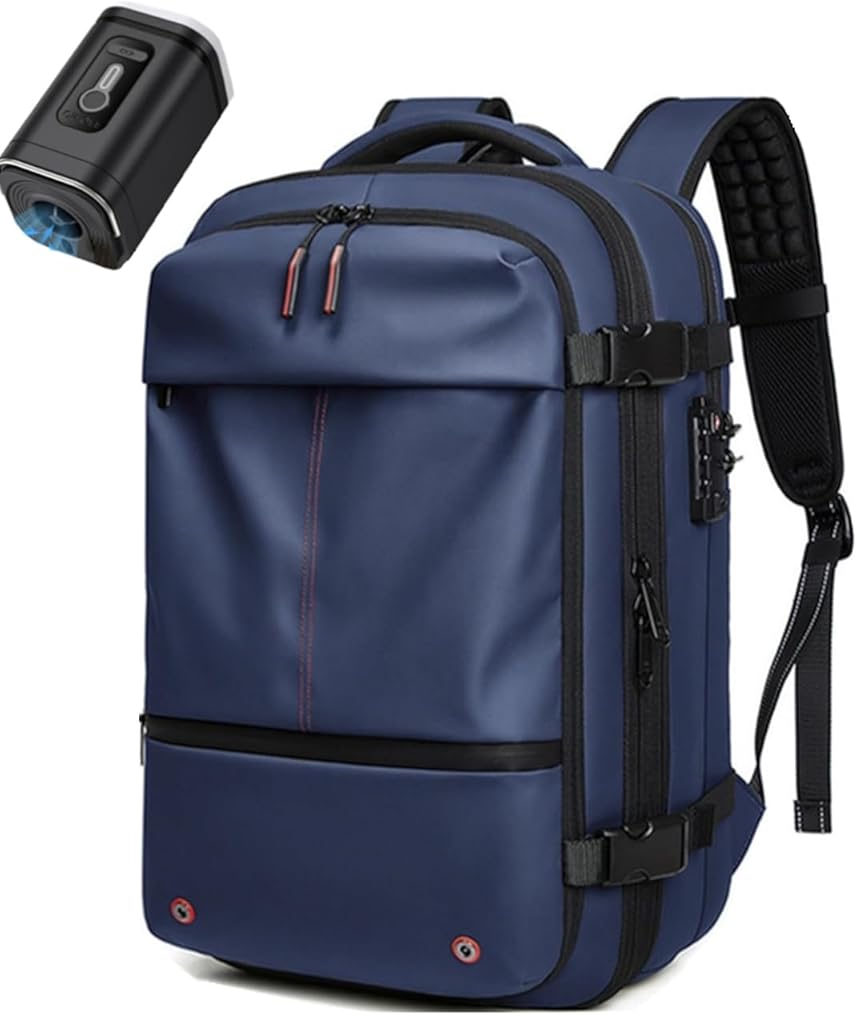 Vacuum Travel Backpack with Pump, Easy Vac Pack with a Vacuum Sealed Compartment,Expandable 60L for Traveling,Airplane (Blue - With vacuum pump)