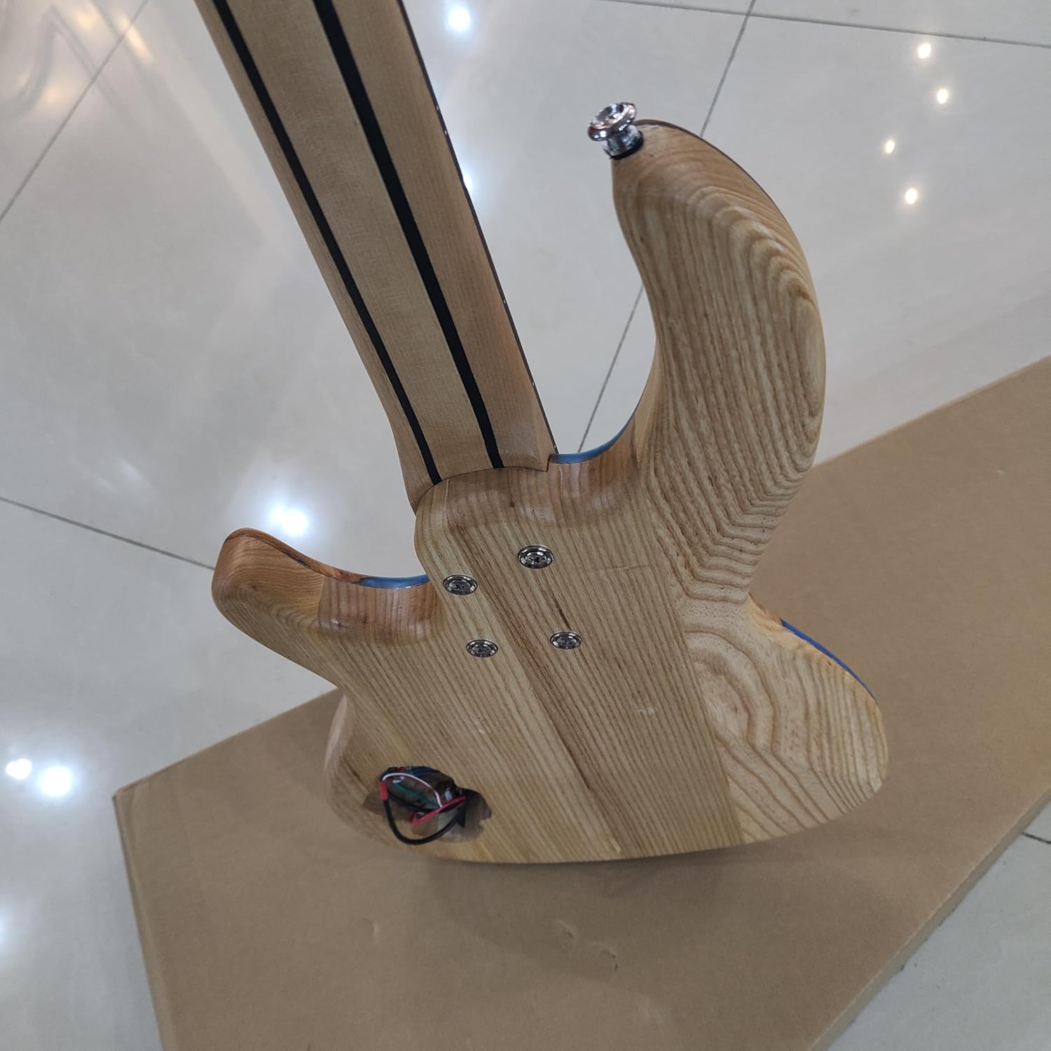 Electric Bass Guitar with Blue Epoxy and Natural Wood Design, 4-String, Chrome Hardware