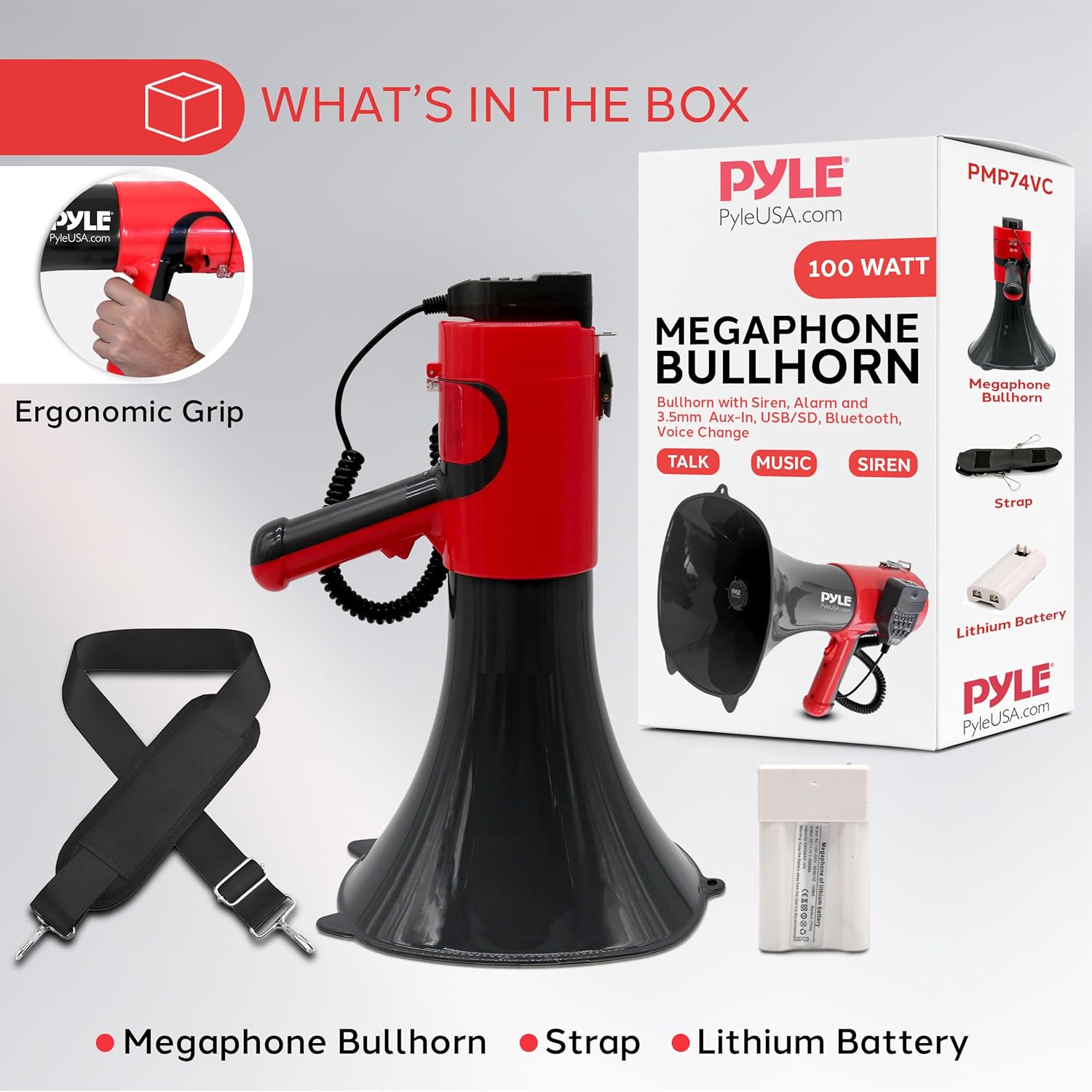 Pyle Portable Megaphone Bullhorn - Bluetooth Compatible PA Speaker with Built-in Voice Changer, 1500 Yard Range, Siren, 100W Adjustable Vol Control, Loudspeaker for Outdoor Sports & Safety Drills
