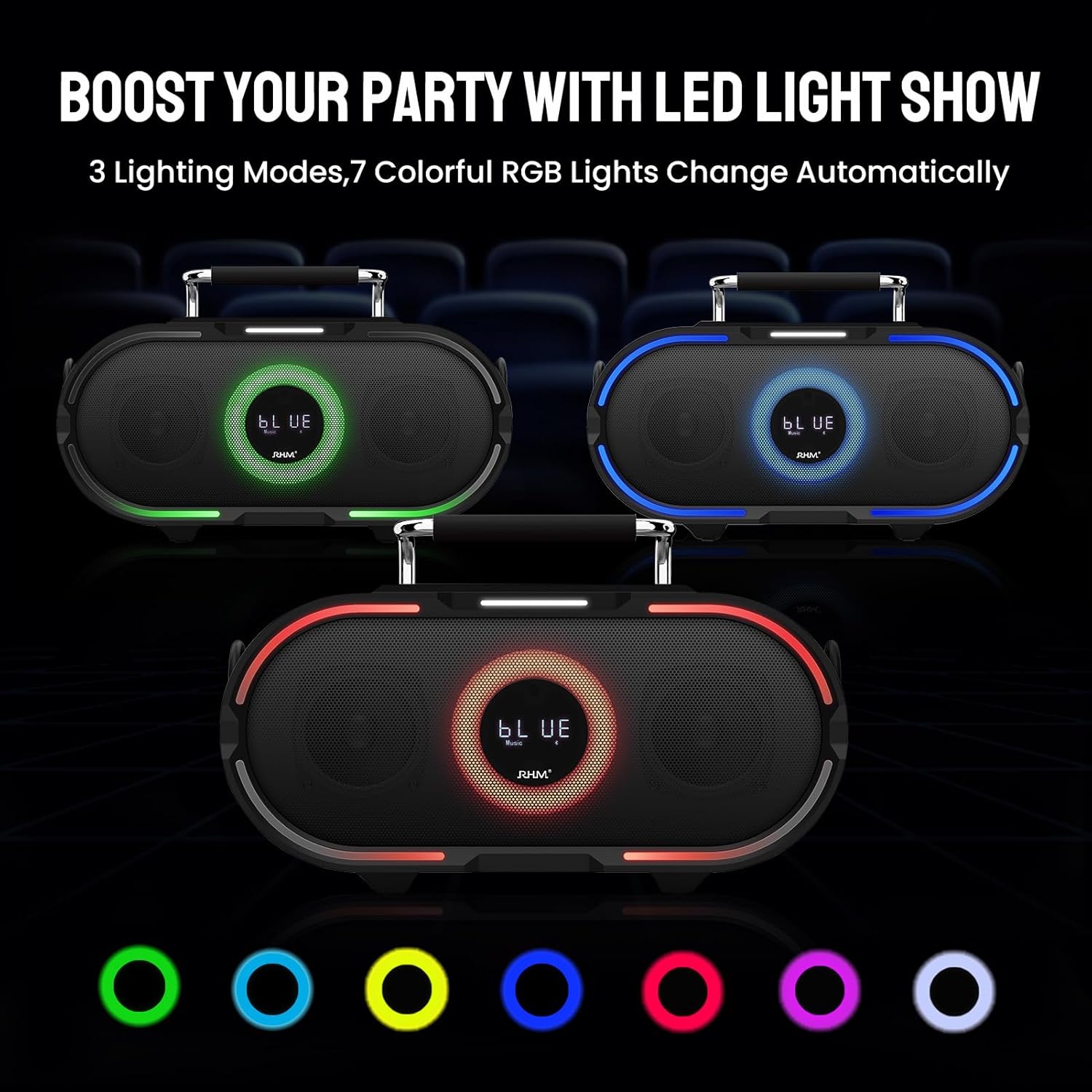 RHM K666PLUS Karaoke Machine with Powerful Sound, Deep Bass & Led Light, 2 Wireless Microphones, 7 Hours Playtime, Support Bluetooth/AUX/USB/PC for Outdoor Party