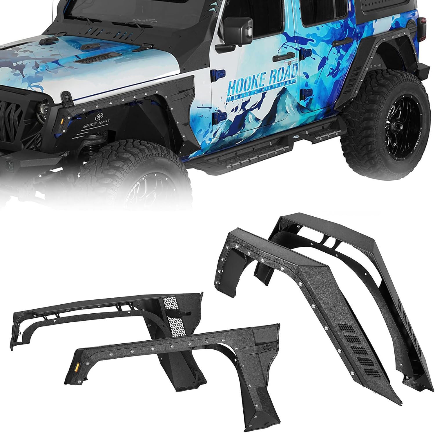 Hooke Road JL Armor Style Fender Flares for 2018-2026 Jeep Wrangler JL 4-Door Only, Aggressive Steel Fenders w/Turn Signal Lights (Front and Rear 4PCS Set)