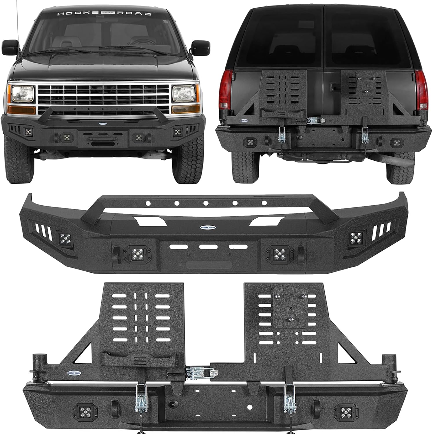 Hooke Road Front & Rear Bumper Set w/Spare Tire Carrier for 1992-1999 Chevy Suburban/Tahoe/GMC Yukon | Offroad Steel Bumpers with Winch Plate, Dual Swing-Out System & D-Ring Mounts