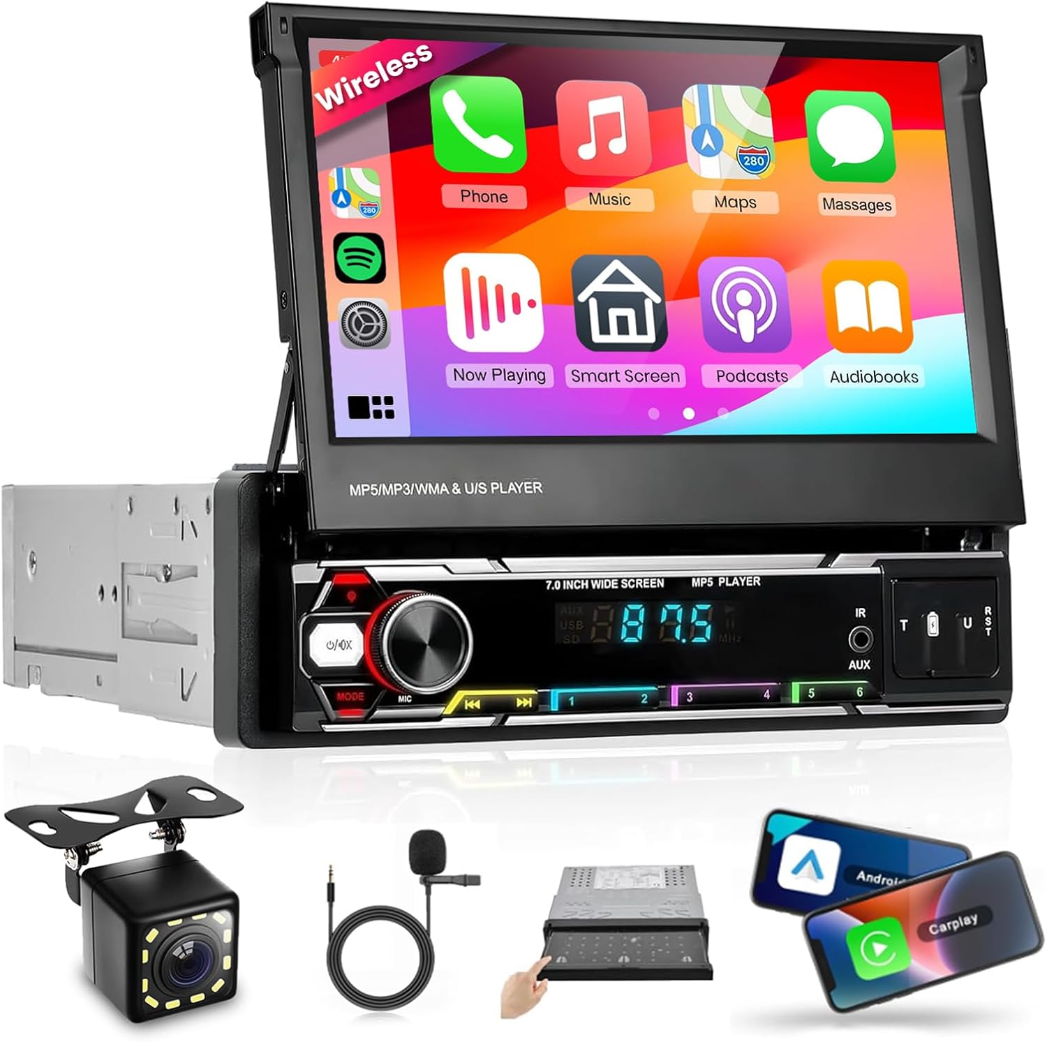 Wireless CarPlay Single Din Car Stereo,5.1 Bluetooth Car Radio AM/FM/RDS,7-Inch 1080P Manual Flip-Out Touch Screen,Android Auto,10EQ,12LED IP69k Backup Camera,GPS,SWC,MirrorLink,SWC,Fast Charging USB