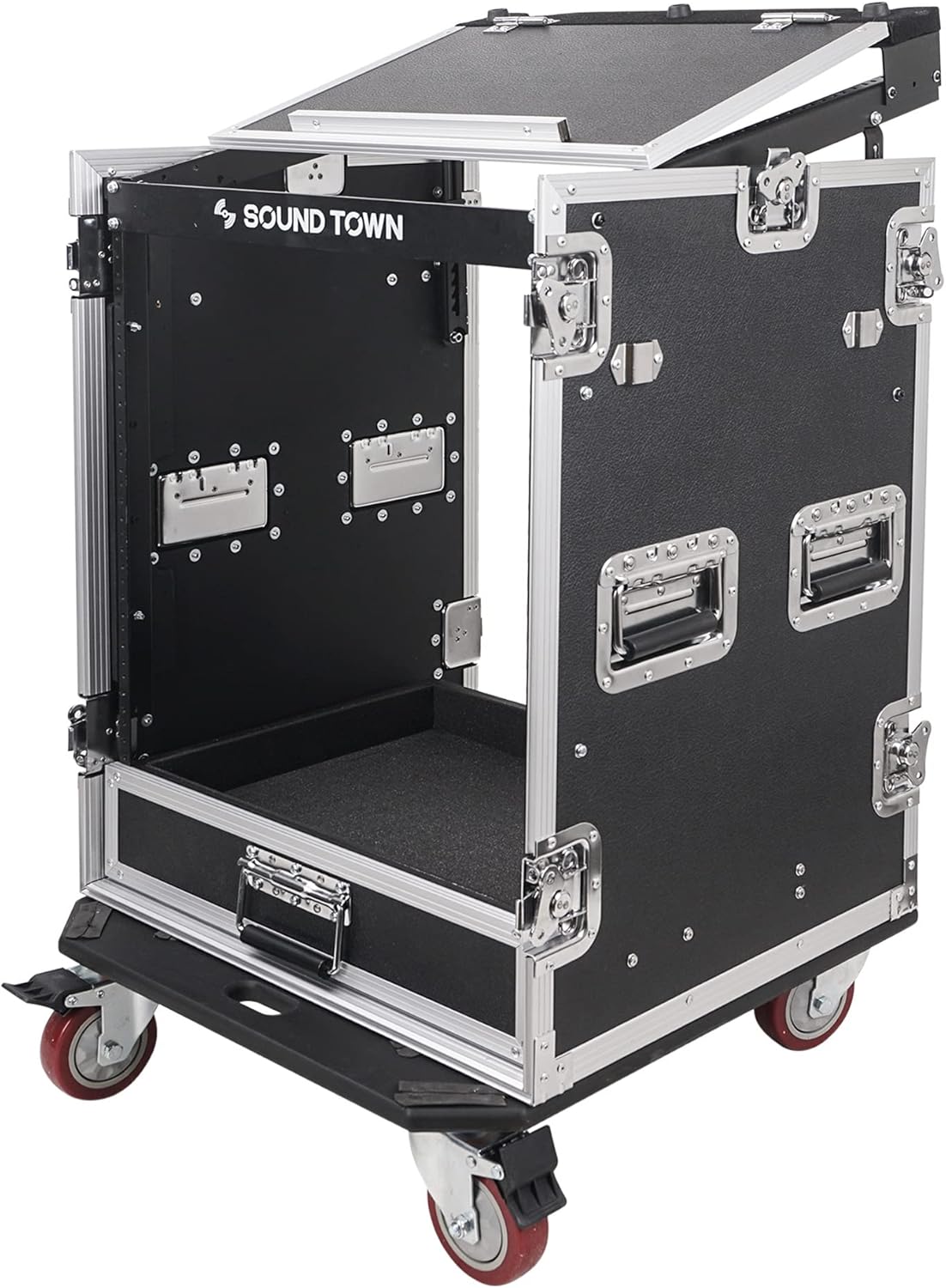 Sound Town 14U PA DJ Pro Audio Rack/Road ATA Case with 2U Drawer, 11U Slant Mixer Top, Two DJ Work Tables, Casters, Pro Tour Grade (MR-DR14UT2)