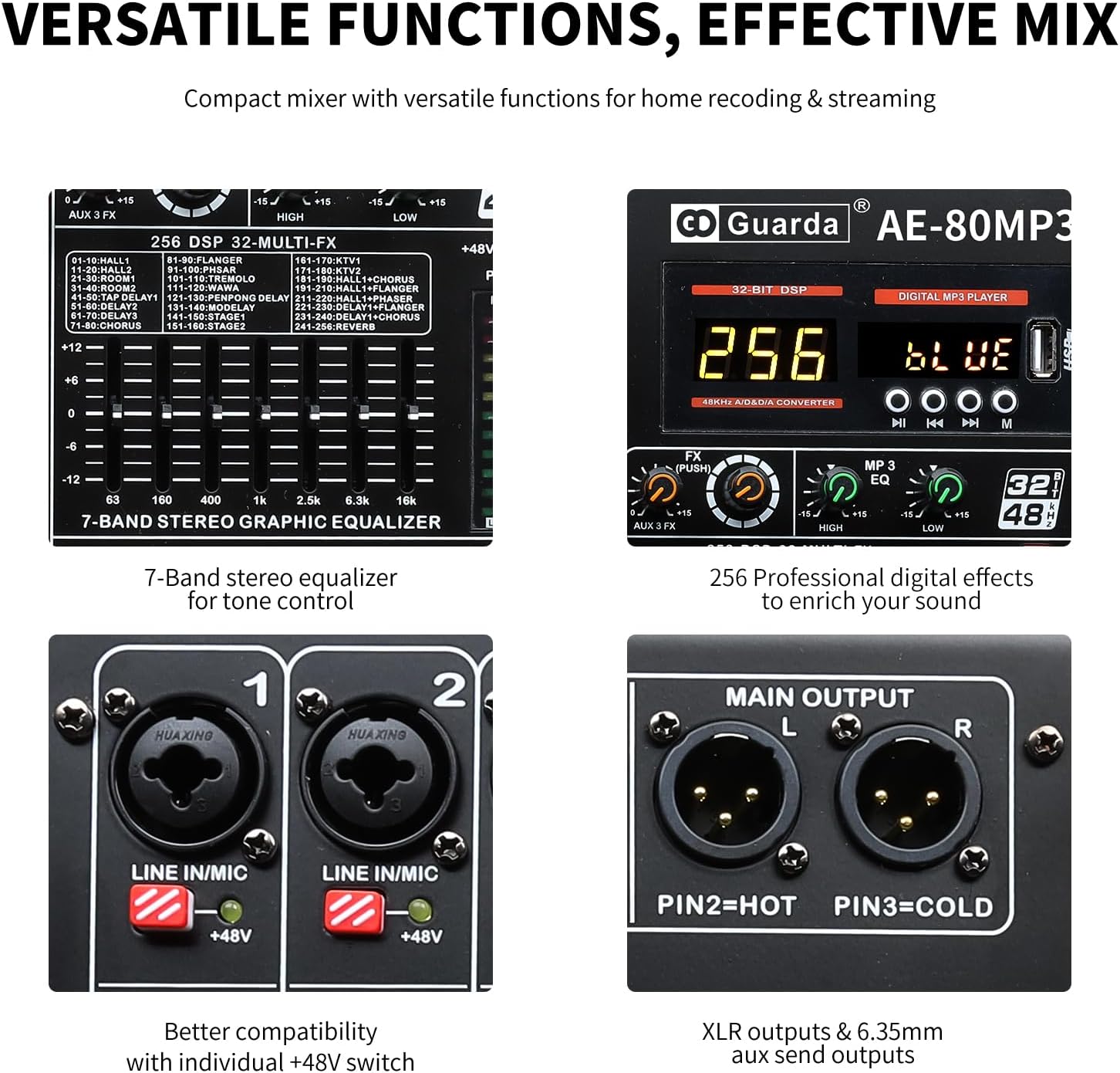 Audio Mixer, 12 channels with 256 DSP Effects, 7-band EQ,Independent 48V Phantom Power&Mute Button,Bluetooth Function,USB Interface Recording For Studio & Stage Guarda Audio(AE120)