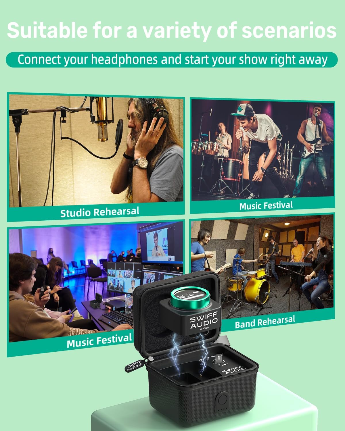 Wireless in Ear Monitor System, 5.8GHz Wireless IEM Switchable Stereo with LED Screen Receiver and Charging Case Transmitter Built-in CUE Mic, 4 Channels Design and Support for One-to-Ten