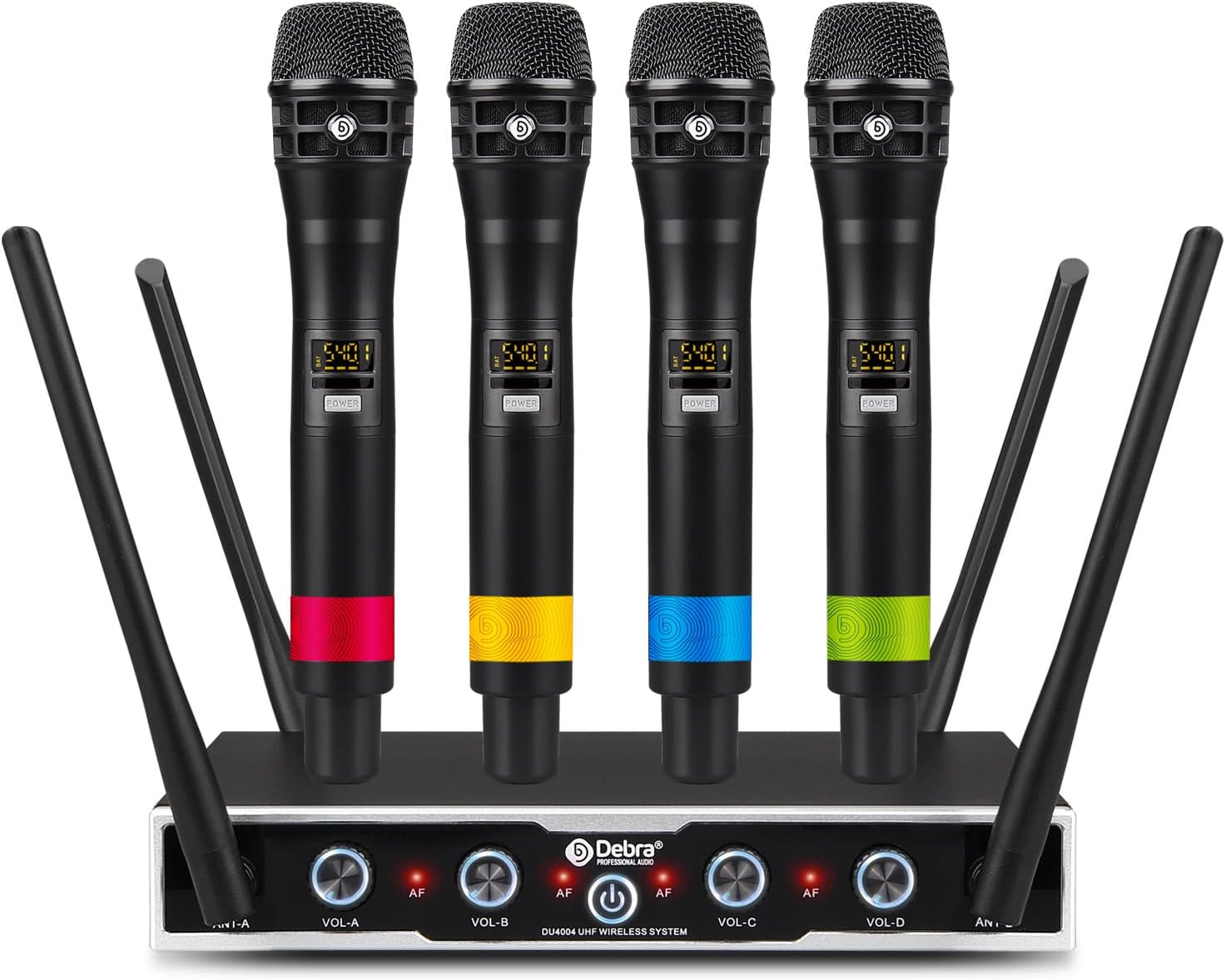 D Debra Wireless Microphone System Audio Pro DU4004 UHF 4 * 16 Adjustable Channel Wireless Cordless Handheld Dynamic Mics, Ideal for Meeting Church Speech Party (4 Handheld)