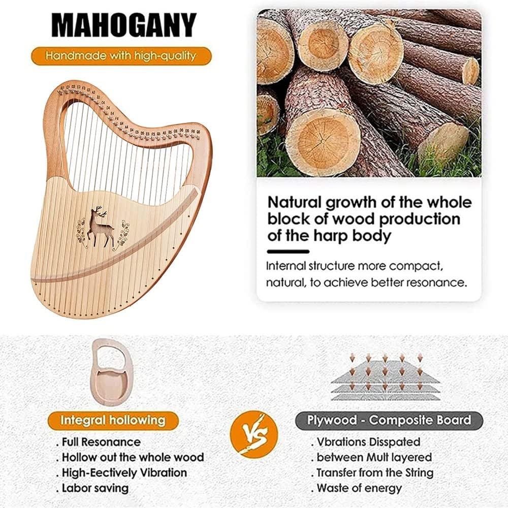 27 Strings Lyre Harp, Metal Strings Mahogany Instrument with EVA Bag, Tuning Wrench, Spare Strings, English Manual, Gift for Beginners Music Lovers Adult