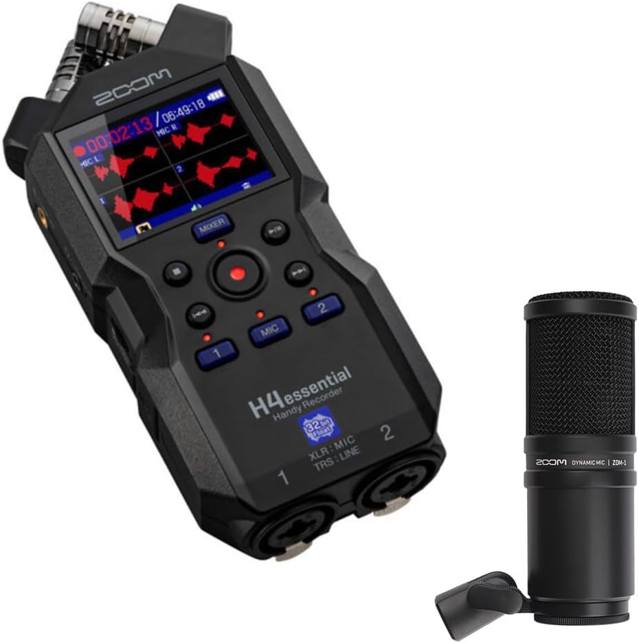 Zoom H4essential 4-Track Handy Recorder with 32-Bit Float, Accessibility, Stereo Microphones, 2 XLR/TRS Combo Inputs, USB Interface, for Musicians, Podcasters Bundle with ZDM-1 Dynamic Microphone