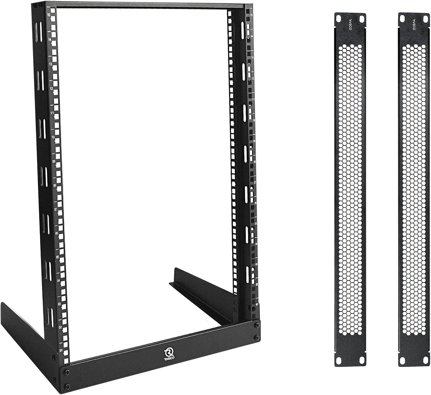 RIVECO 15U Desktop Rack for Audio & Network Devices 19 Inch 2 Post Open Frame Shelf with Reinforced Beam, Tabletop Racks for IT Server Sound AV Music Recording Equipment & 1U Vented Panels 2PCS