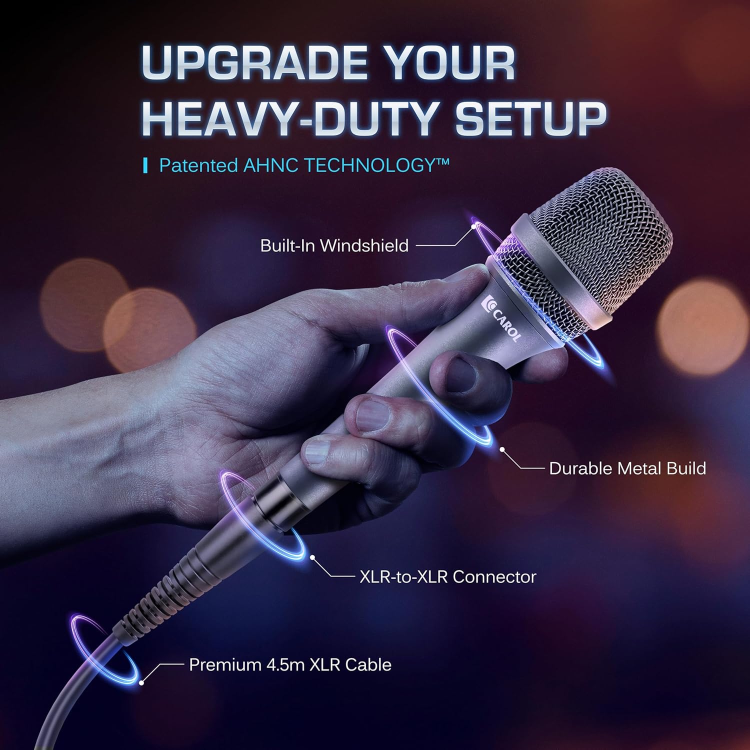 CAROL AC-900 XLR Wired Vocal Microphone – Dynamic Supercardioid Mic with Dual-Engine AHNC Noise Cancelling Tech for Singing, Karaoke, Stage & Studio, Includes Mic Clip & 14.8ft XLR Cable - Gray