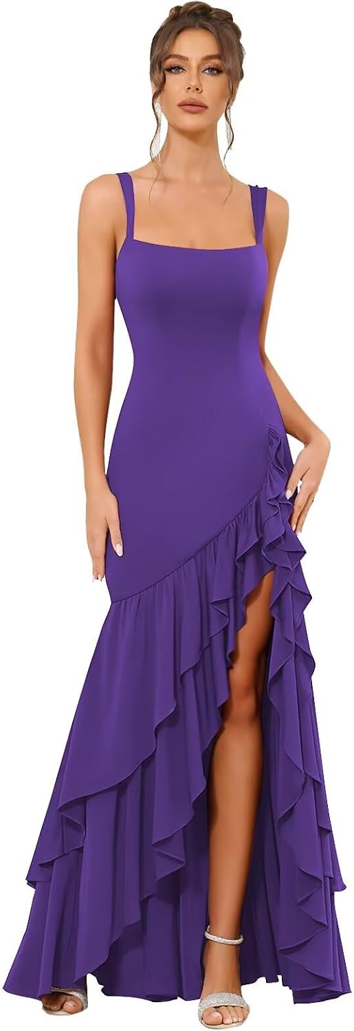 BANTRATIC Spaghetti Straps Prom Dresses for Women Tea Length Mermaid Satin Square Neck Formal Evening Party Gown