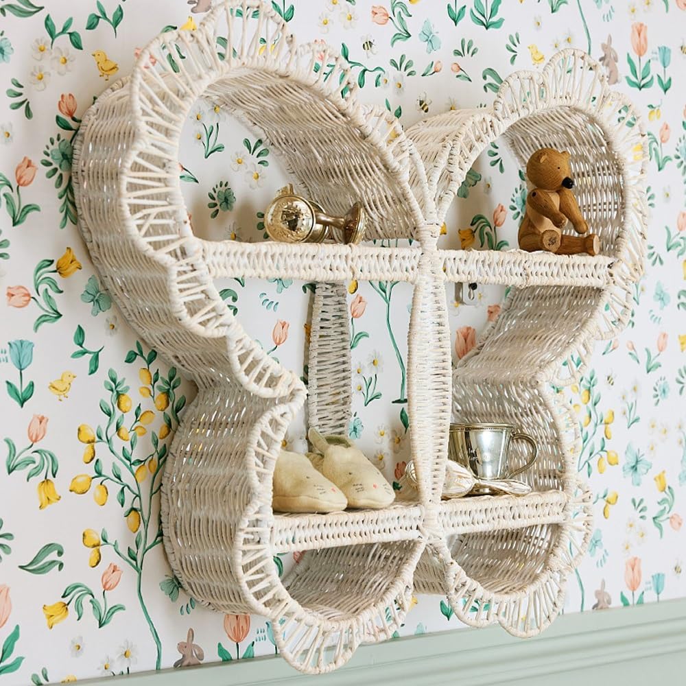 Natural Rattan Floating Shelves, Papillon Shape Book Shelf, Wicker Floating Shelves for Wall, Multi-Purpose Shelves for Living Room, Bedroom, Study(Natural)
