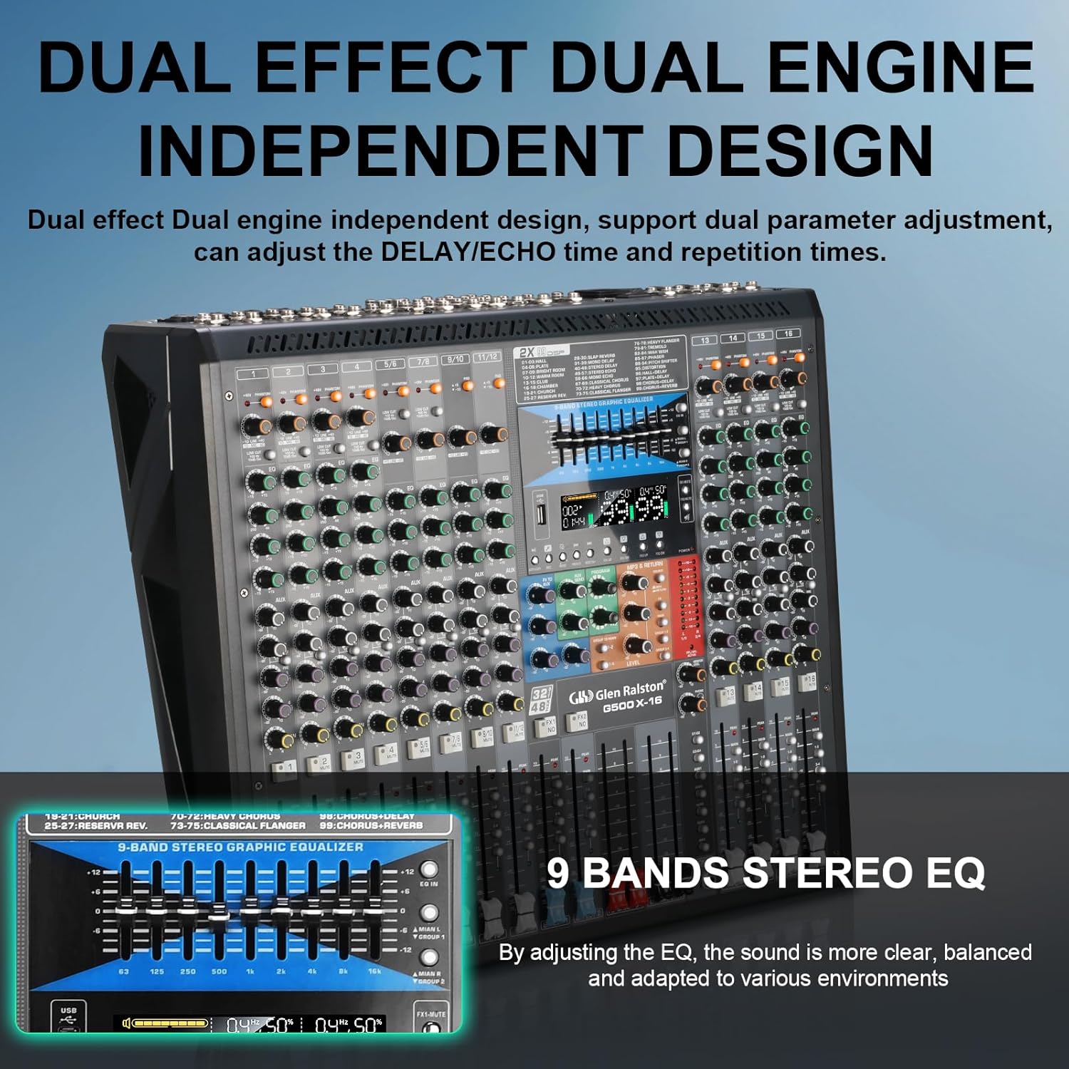 G500X 12 16 20 24 32 Channels Audio Mixer, 99 DIGITAL EFFECTS LCD Display，Bluetooth/USB Interface Processor MP3, Headphone,+48V Phantom For Karaoke Studio Streaming Recording Stage (G500X-24)