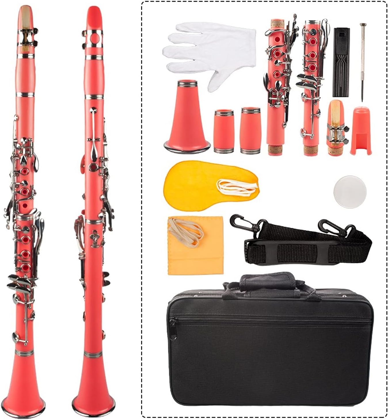 Standard Clarinet Pink ABS Clarinet Bb Cupronickel Plated Nickel 17 Key with Cleaning Cloth Gloves Woodwind Instrument Beginner Clarinet