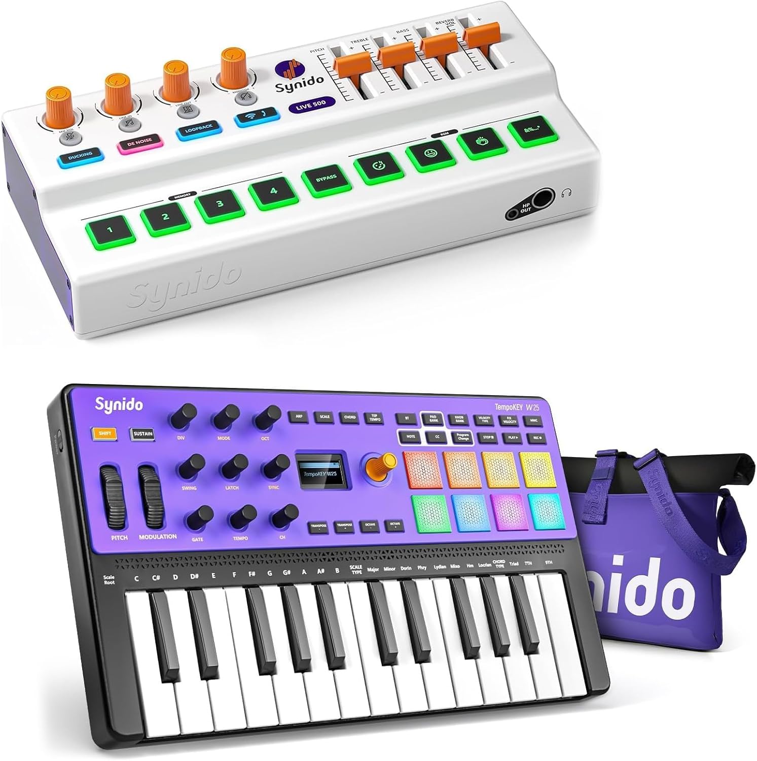 Synido Wireless Audio Interface Live Sound Card and Wireless USB C MIDI Controller Keyboard 25 Keys Rechargeable with 8 Velocity RGB Pads