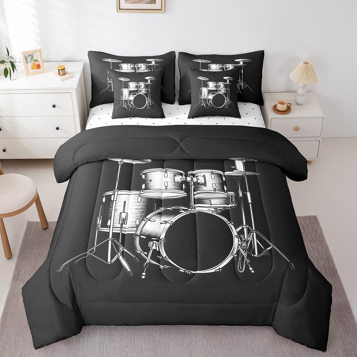 Feelyou Queen Drum Kit Comforter Set with Sheets for Kids Toddler Drum 7 Piece Bedding Set for Boys Girls Bed Set Includes Comforter, Sheet Set, Pillowcases & Pillow Covers - Super Soft Breathable