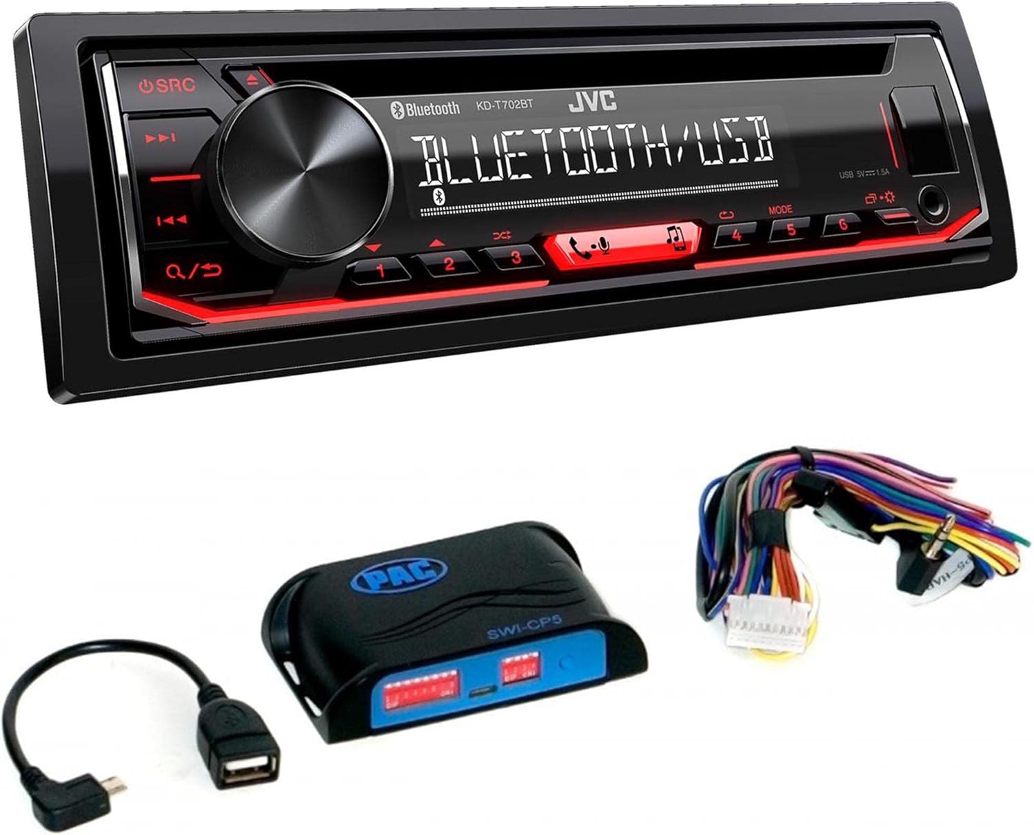 JVC KD-T720BT 1-DIN CD Receiver with Bluetooth Wireless Technology and USB/AUX Input with PAC SWI-CP5 Steering Wheel Interface