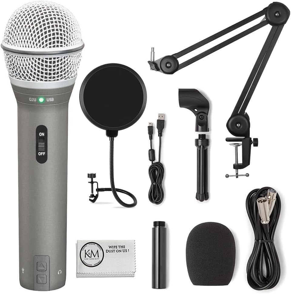 SAMSON Q2U Recording & Podcasting Pack | Gray Bundled with Pop Filter + Mic Arm + Microfiber Cleaning Cloth (4 Items)
