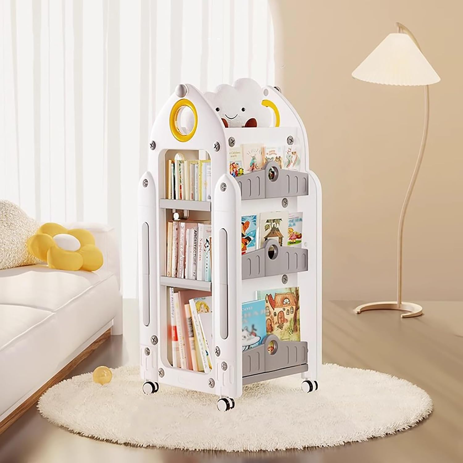 Mobile Kids Bookshelf, Storage Organizer, Rolling Bookcase with Wheels, 360° Display Floor Standing Book Shelf, for Living Room, Office, Bedroom Decor(Gray)