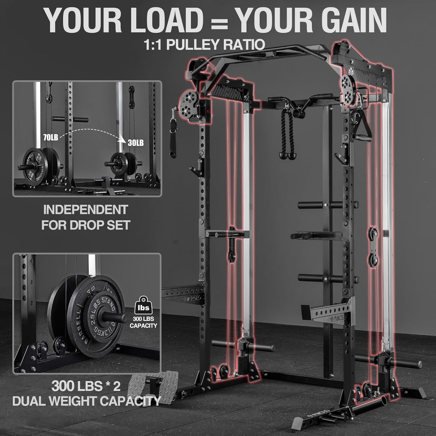 Mikolo Power Cage, 2000LB Power Rack with Independent Dual Pulley System, Multi-Function Home Gym Workout Machine for Cable Crossover