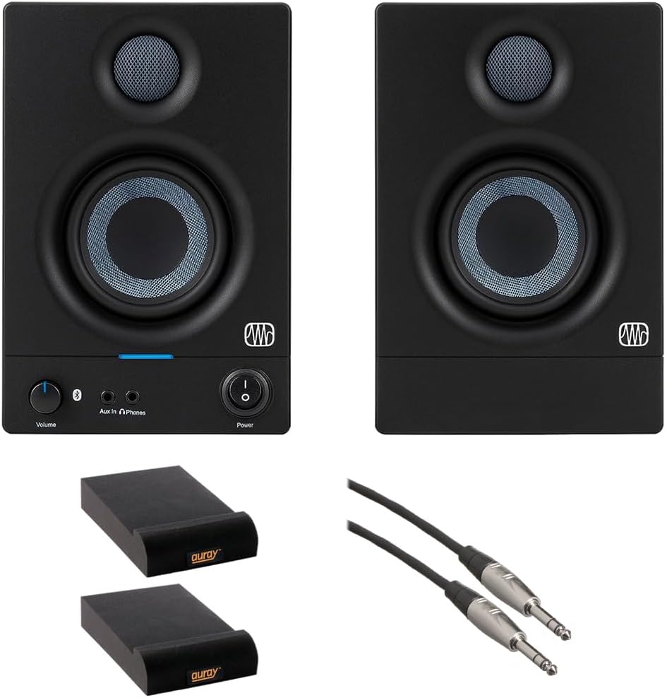 PreSonus Eris 3.5BT Gen 2 Powered 3.5-Inch 50W Bluetooth Power Desktop Speakers Bundle with Pair of Auray IP-S Small Isolation Pad and 1/4