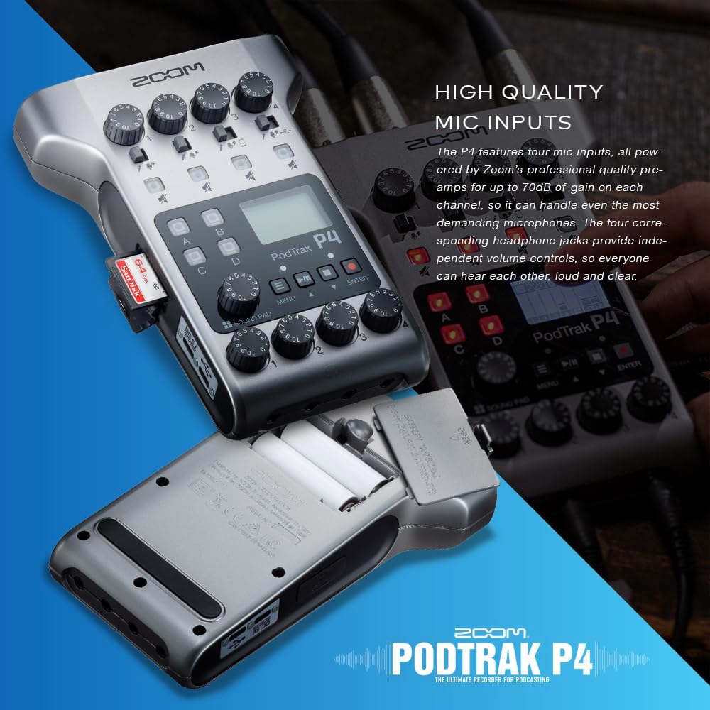 Zoom PodTrak P4 Portable Multitrack Podcast Recorder, Audio Interface w/ 4 Mic Inputs, 4 Headphone Outputs with 64GB SD, 2X XLR Cable, Headphone w/Built-in Mic, Batteries, and More
