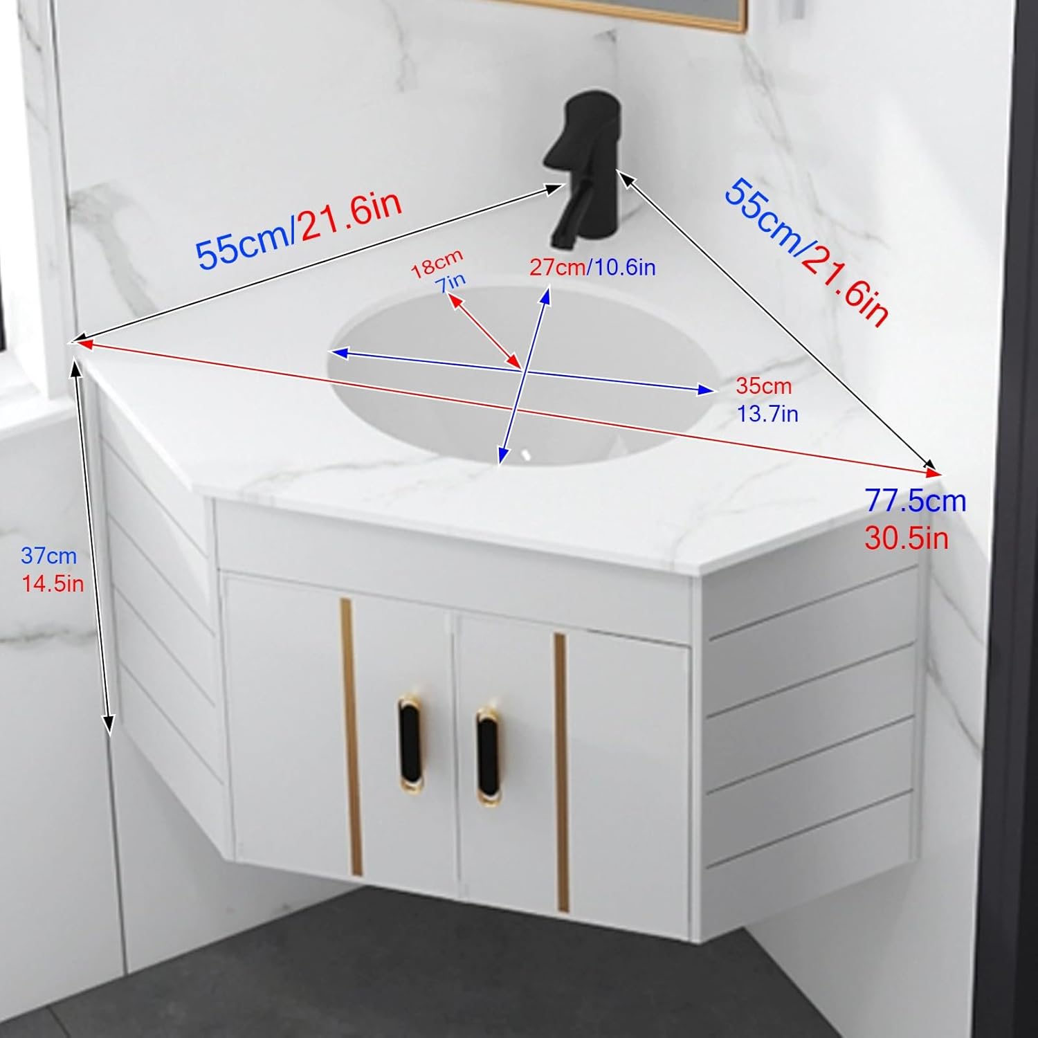 Corner Bathroom Sink, Corner Bathroom Vanity, Ceramic Bathroom Corner Sinks, Mount Bathroom Sink, Corner Wall Mount Bathroom Sink, Corner Balcony Sink with Storage Container(Gray)