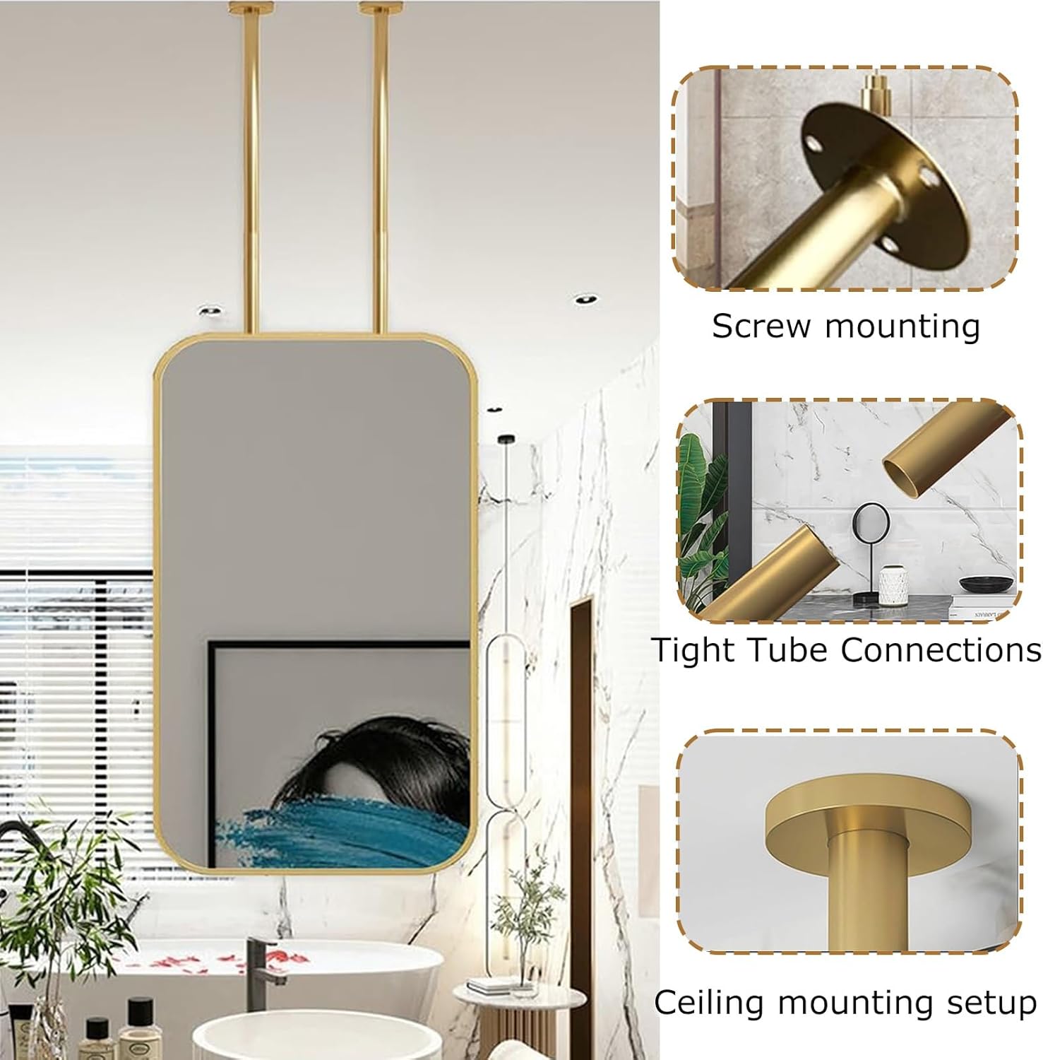 Ceiling Mounted Bathroom Mirror Hanging Bathroom Vanity Mount Mirrors Corner Mirror Wall Mount Pivot Metal Pole Ceiling Suspended Mirror Square Mirror For Ceiling Hanging Rod Bedroom Entryway Decor(A