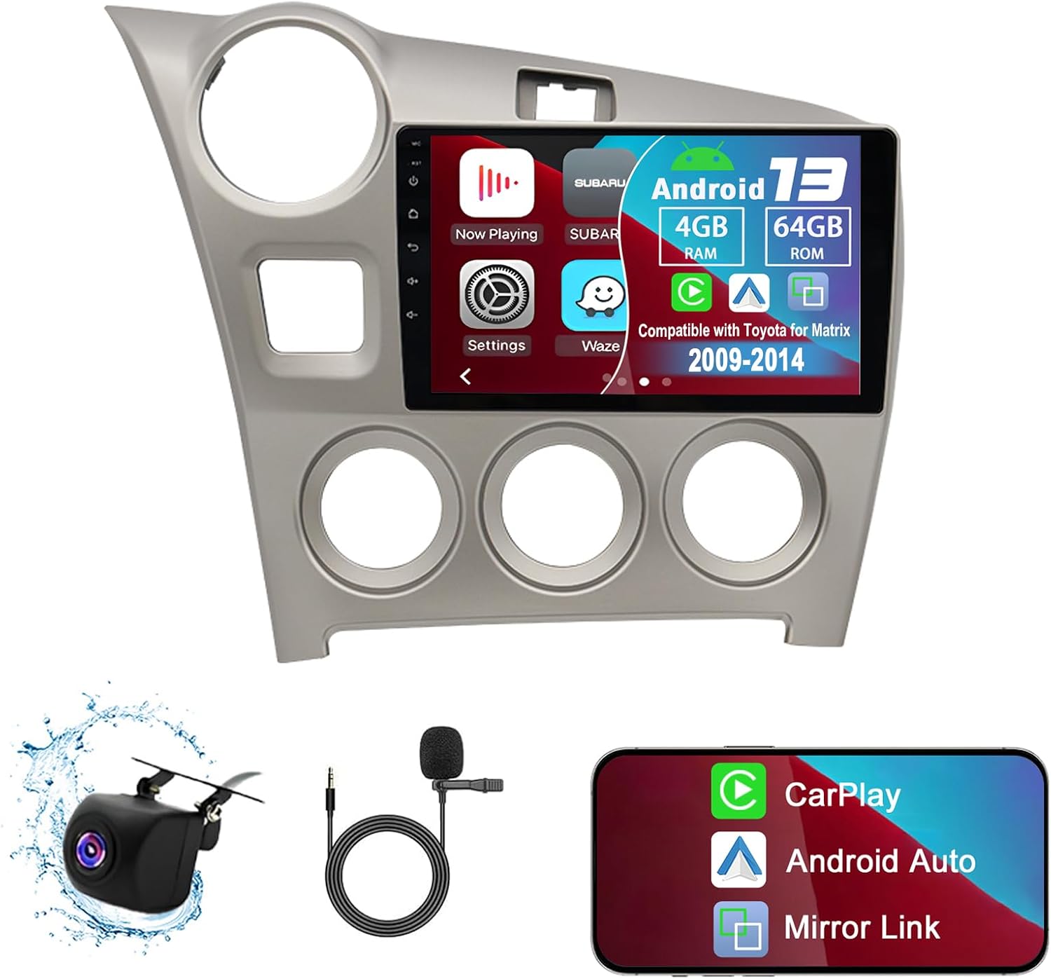 Android 13 Car Radio Stereo, 9'' Touch Screen Car Audio Compatible with Toyota for Matrix 2009-2014 with Carplay & Android Auto GPS WiFi Bluetooth Mirror Link Backup Camera Mic [4+64G]